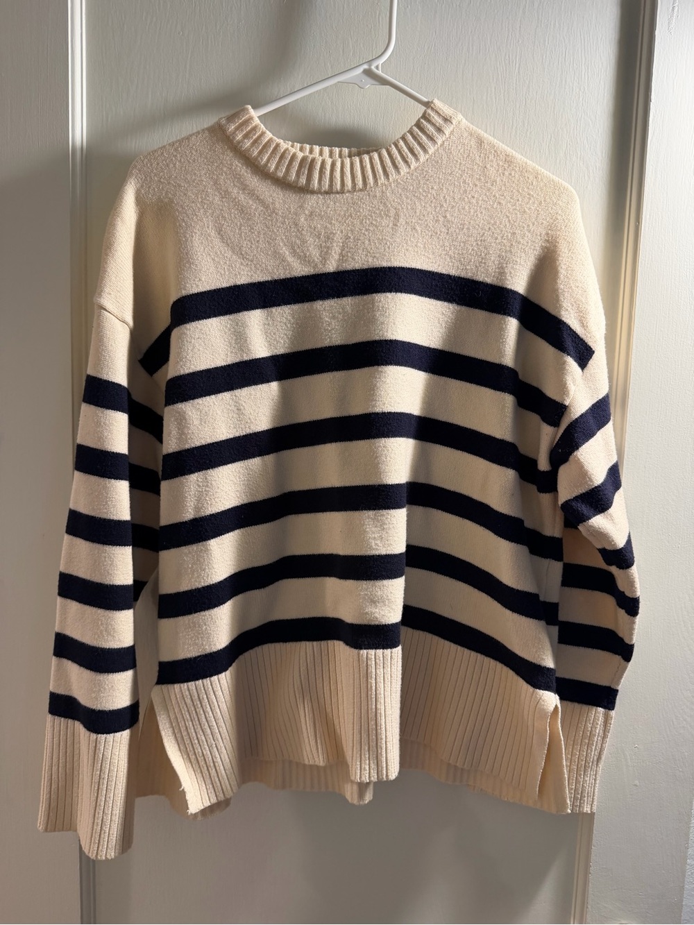 Zara Cream and Navy Striped Crewneck Sweater
